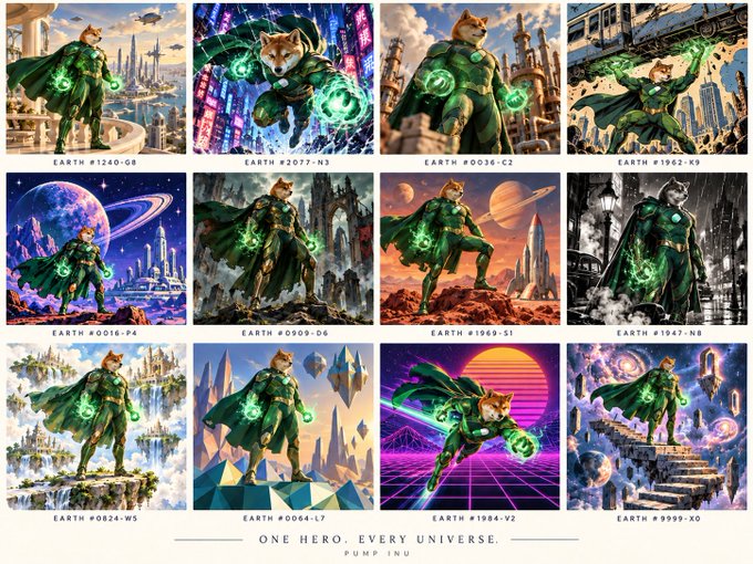 A grid of 12 AI-generated images titled 'PUMP INU: ONE HERO, EVERY UNIVERSE,' each depicting a cat-like superhero in a green costume across different settings, labeled with codes like 'EARTH #1240-G6' through 'EARTH #9999-X0'.
