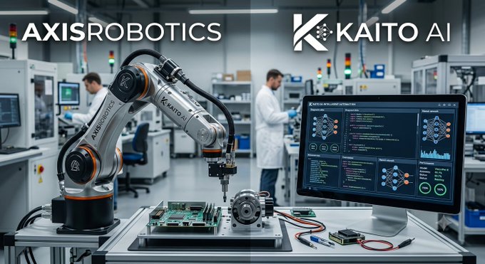 A promotional image featuring an Axis Robotics and Kaito AI branded robotic arm in an industrial/laboratory setting, with a monitor displaying data visualizations and neural network diagrams.