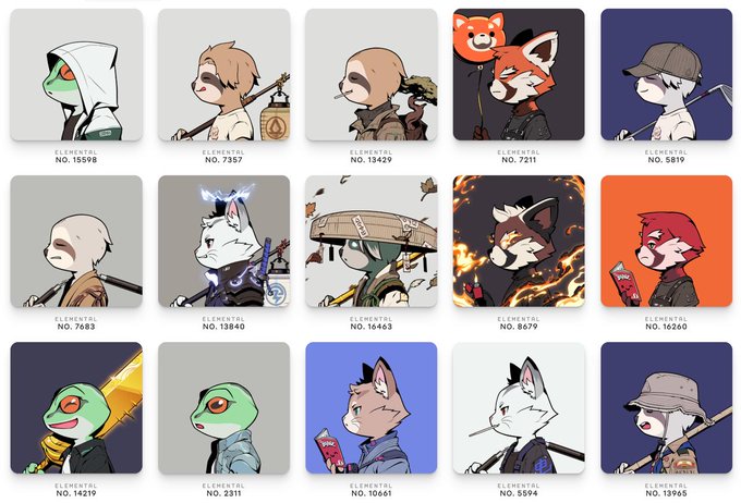 A collection of 15 cartoon-style 'Elemental' NFT character icons in a grid, featuring various anthropomorphic figures like a frog, sloth, cats, and a dog with weapons, each labeled with an 'Elemental No.' identifier.