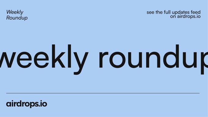 A light blue banner reading "Weekly Roundup" with "weekly roundup" displayed in large black text, along with a note directing viewers to see the full updates feed on airdrops.io. The design serves as a header for the Airdrops.io weekly recap covering Aug 1 → Aug 7.