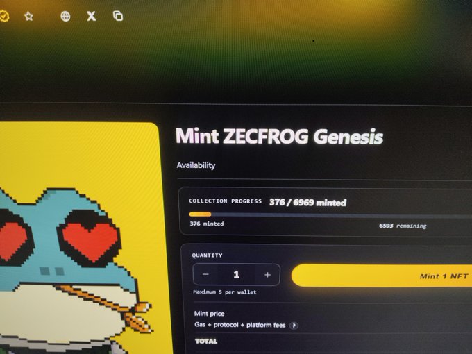 A screenshot of an NFT minting page for 'ZECFROG Genesis', showing 376 of 6,969 items minted, with a pixel-art blue frog character with heart eyes on a yellow background.