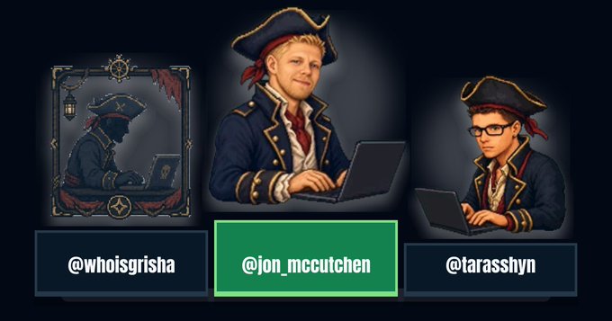 A pirate-themed graphic displays three illustrated avatars in pirate hats working on laptops, labeled with the handles "@whoisgrisha", "@jon_mccutchen", and "@tarasshyn".