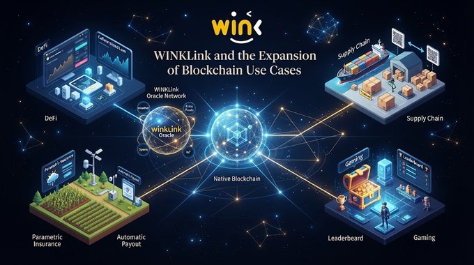 An infographic titled 'WINKLink and the Expansion of Blockchain Use Cases' shows various applications like DeFi, Supply Chain, Parametric Insurance, Gaming, and Leaderboard connected to a central blockchain network.