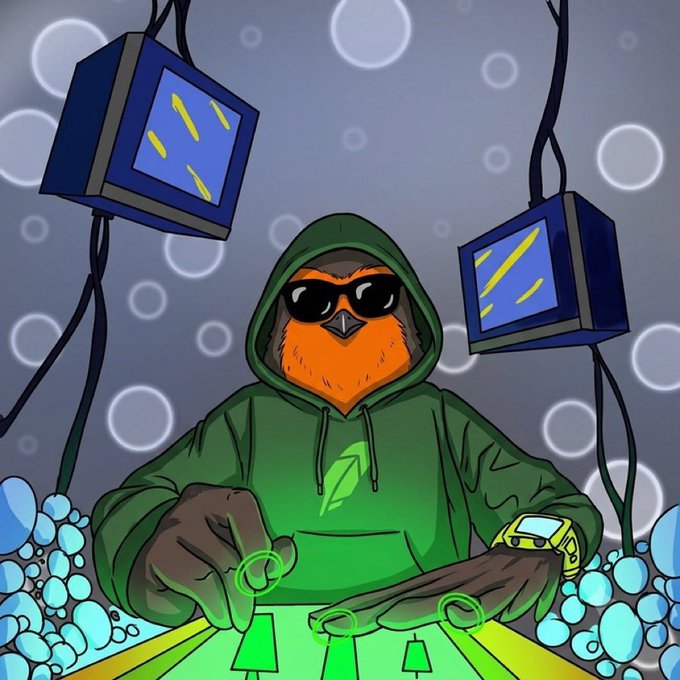 An illustration of an anthropomorphic robin wearing a green hoodie and sunglasses, DJing with a small yellow car hanging from its wrist.