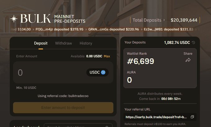 The image shows a screen from a web browser displaying information related to cryptocurrency trading. The main focus of the image appears to be an account, as it has a reference code displayed below it. The text within the image states that "Bulk @bulktrade" is part of their services and that you can use it for deposit.