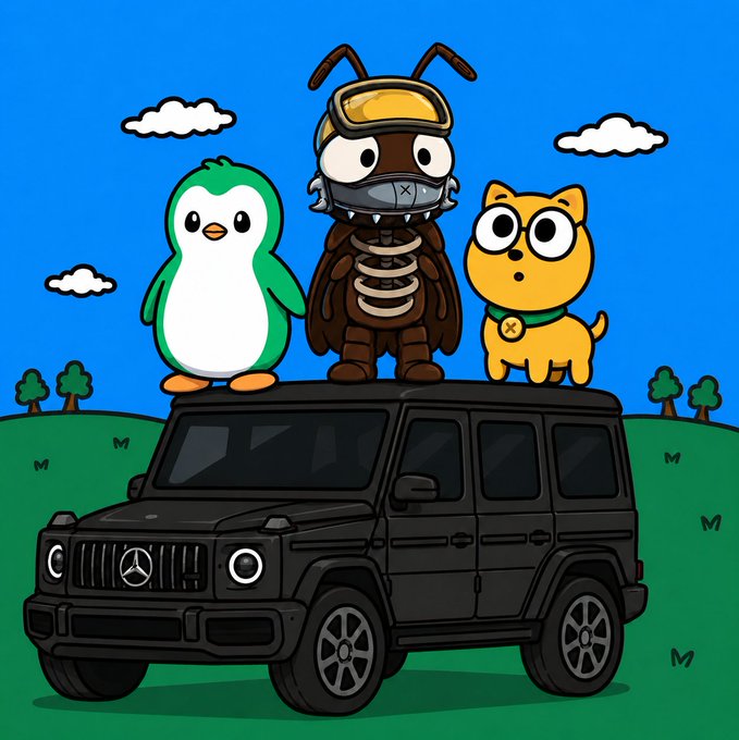 The image features two cartoon characters standing next to a black Mercedes-Benz car with four wheels. The first character is a penguin wearing a green outfit, while the second character is a cat dressed as a robot. Both characters are positioned on top of the car's roof, and there is a text overlay that reads "Two of my favorite IPs on Abstract are @godthedogabs and @absterxyz If you'r silver or gold tier and didn'qe hold at least $5 of either $GOD or @ABSTER, drop your AbstractChain wallet address below, and I'll send many of you a".