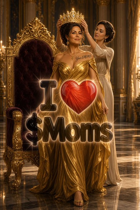 A stylized digital artwork of a woman in an elegant gold gown being crowned with a tiara in an ornate room, with 'I ♥ $Moms' text overlaid and a small tattoo reading 'Yours $Moms' on her chest.