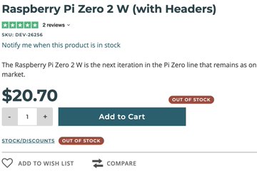 The image shows a product page for the Raspberry Pi Zero 2 W (with Headers) priced at $20.70, marked as out of stock with only 2 reviews. This relates to the post by illustrating the supply chain risk mentioned, as the device's unavailability demonstrates how high demand (potentially from SeedSigner users) can create shortages that affect availability for other consumers.