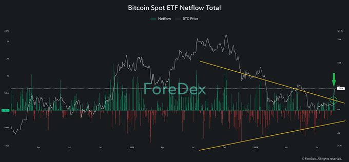 A financial chart titled "Bitcoin Spot ETF Netflow Total" displaying BTC Price overlaid with netflow bars (green for inflows, red for outflows) from April through late 2024, showing a sharp recent green spike that breaks above the compressed range seen over the previous months, with yellow trendlines forming a converging wedge pattern on the right side.