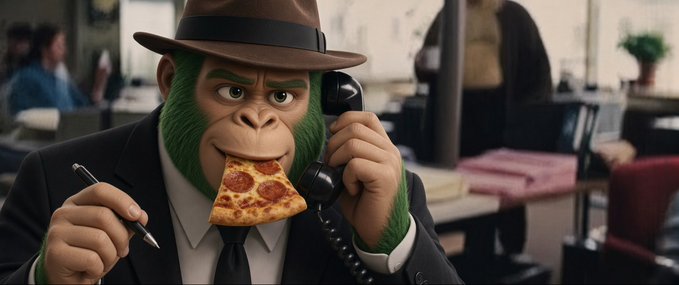 A stylized anthropomorphic gorilla in a suit and fedora holds a slice of pizza to its mouth while talking on a black rotary phone in an office setting.