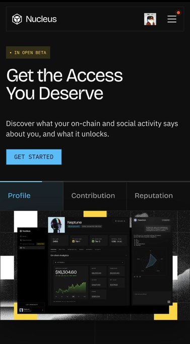 A mobile app landing page for 'Nucleus' in open beta reads 'Get the Access You Deserve' and promotes analyzing on-chain and social activity, showing user profile tabs for Contribution and Reputation.