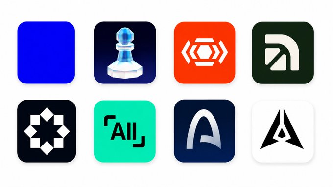 A grid of 8 cryptocurrency and fintech app icons including what appears to be Binance, a chess piece icon, and other stylized logos.
