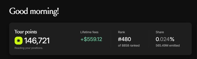 A 'Good morning!' dashboard summary showing a points balance of 146,721, lifetime fees of +$559.12, a rank of #480 out of 8858, and a share of 0.024% of 565.49M emitted.