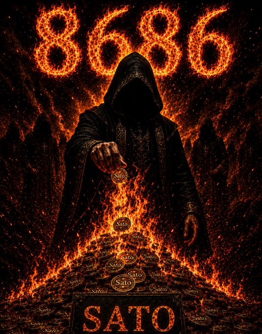 The image features a poster with a person wearing a black hooded robe holding up a pile of gold coins that are burning. The text "Sato" is written above the person's head, and there is also an additional text below them that reads "I don't know who you are but I know one thing: you're the man who will support the Sato project to the end."