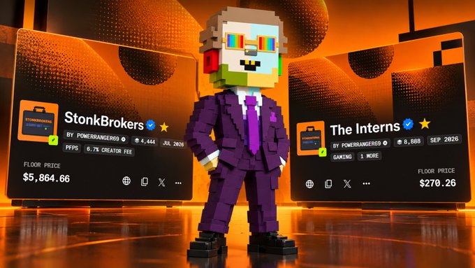 A pixelated voxel character in a purple suit stands in front of digital asset cards labeled 'StonkBrokers' (PFPS, floor price $5,864.66) and 'The Interns' (GAMING, floor price $270.26), both verified and created by POWERRANGER69.