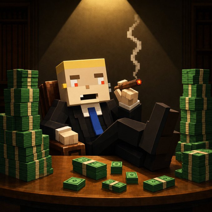 A Minecraft-style character dressed in a black suit and blue tie sits in a leather chair smoking a cigar, surrounded by large stacks of green money on a desk under a spotlight.