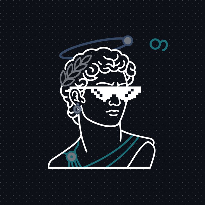 A minimalist line-art illustration of a classical bust wearing pixelated "deal with it" sunglasses, featuring a laurel wreath and an orbiting ring against a dark dotted background.