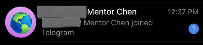 A notification card shows "Mentor Chen joined" on Telegram at 12:37 PM, with a red badge indicating 1 new notification. The image appears to be a joke about a crypto community member's supposed insider knowledge, playing on the Telegram group notification as a subtle hint or signal within the "LOL survivors" memecoin community being referenced.