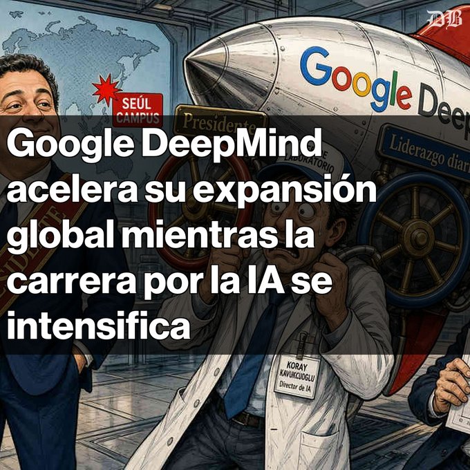 A Spanish-language news graphic featuring a cartoon-style illustration with 'Google DeepMind' branding and the headline 'Google DeepMind acelera su expansión global mientras la carrera por la IA se intensifica' (Google DeepMind accelerates its global expansion as the AI race intensifies).