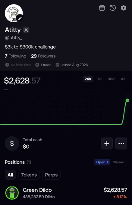 A screenshot of Atitty's (@atitty_) profile on a trading platform shows a balance of $2,628.57 with a green upward graph and one open position in "Green Dildo" (438,282.59 tokens, down 6.12%), reflecting their first token purchase as part of their "$3k to $300k challenge."
