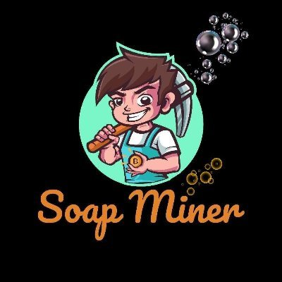 A logo graphic features a cartoon boy in blue overalls holding a pickaxe over his shoulder and a gold coin in his hand, with bubbles floating around him; the text 'Soap Miner' is written below.