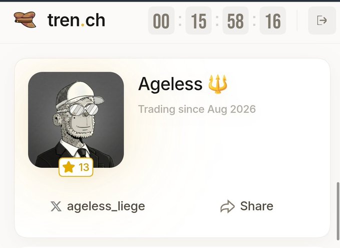 A tren.ch profile page for a user named 'Ageless' with a trident emoji, showing a cartoon avatar of a man in a cap and sunglasses, who has been trading since August 2026, with 13 stars and the username 'ageless_liege'.