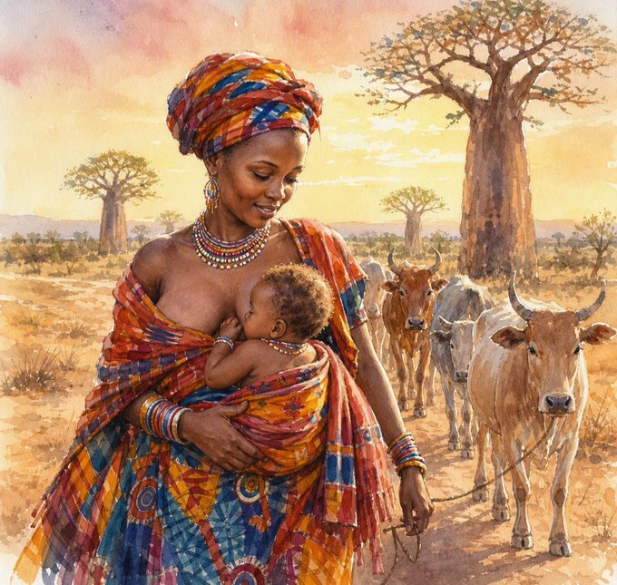 A mother in colorful traditional dress breastfeeds her infant while herding cattle in a savanna landscape featuring baobab trees, a scene that matches the text identifying the artwork as "Mother" by @KazspeakArt, which is marked "SOLD OUT."