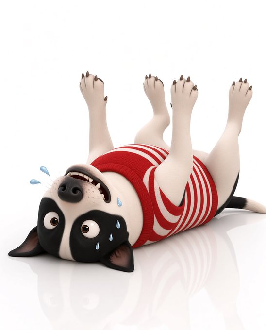 A 3D-rendered cartoon dog wearing a red and white striped shirt, lying on its back with paws in the air and appearing distressed, with sweat droplets visible on its face.