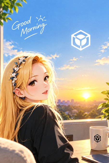 Anime-style illustration of a blonde woman with a flower crown overlooking a sunrise cityscape, with 'Good Morning' text and a cube logo.