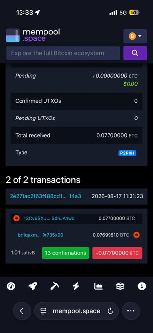 A screenshot from mempool.space shows a Bitcoin address labeled "P2PKH" with 2 of 2 transactions, including a confirmed transfer of 0.07700000 BTC (worth ~$4,851) receiving 13 confirmations, which is linked to a social media post celebrating the first solver earning that 0.077 BTC reward.