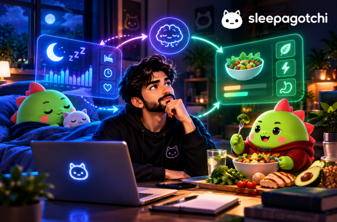 A digital illustration branded with 'sleepagotchi' showing a young man with a laptop, flanked by cute dinosaur-like creatures, with floating UI panels showing sleep data and a healthy salad bowl.
