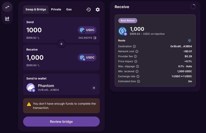 A cryptocurrency swap interface showing a transaction of 1000 USDC, with a warning message: 'You don't have enough funds to complete the transaction.'