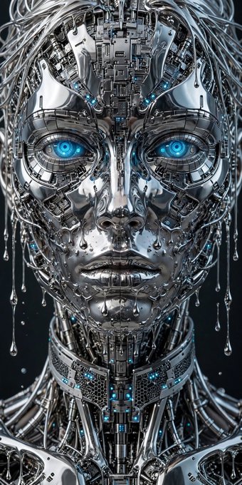A highly detailed, symmetrical digital artwork of a cybernetic female face with glowing blue eyes and metallic, liquid-like features.
