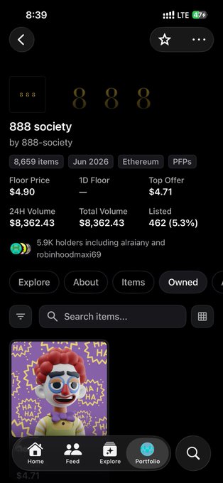 An OpenSea-style NFT collection page for '888 society' with 8,659 items on Ethereum, showing a floor price of $4.90 and 24H volume of $8,362.43.