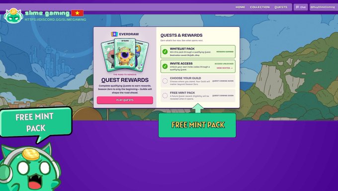 A promotional graphic for Slime Gaming, a Web3 Discord idle card game, advertising a 'FREE MINT PACK' and highlighting Everdraw quest rewards including a 'WHITELIST PACK' and 'INVITE ACCESS'.