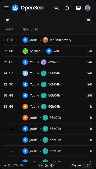 OpenSea app screenshot showing a transaction history with various cryptocurrency transactions in ETH, displaying wallets 'joetir', 'JoeTirRecovery', 'You', 'a20ecb', and '56b04b' with amounts and timing.