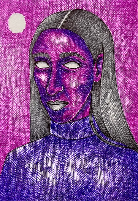 A colorful illustration of a woman with purple skin, blank white eyes, and dark hair against a vibrant magenta background with crosshatch textures.
