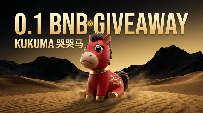 A red cartoon horse character named "KUKUMA 哭哭马" sits in a desert landscape beneath gold text reading "0.1 BNB GIVEAWAY," visually promoting the BNB airdrop offer detailed in the post, which asks users to like, retweet, and share their BNB address for a chance to win approximately $75 worth of cryptocurrency.