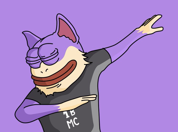 An illustration of a purple anthropomorphic character wearing sunglasses and a black shirt that reads '1B MC', striking a dab pose on a purple background.