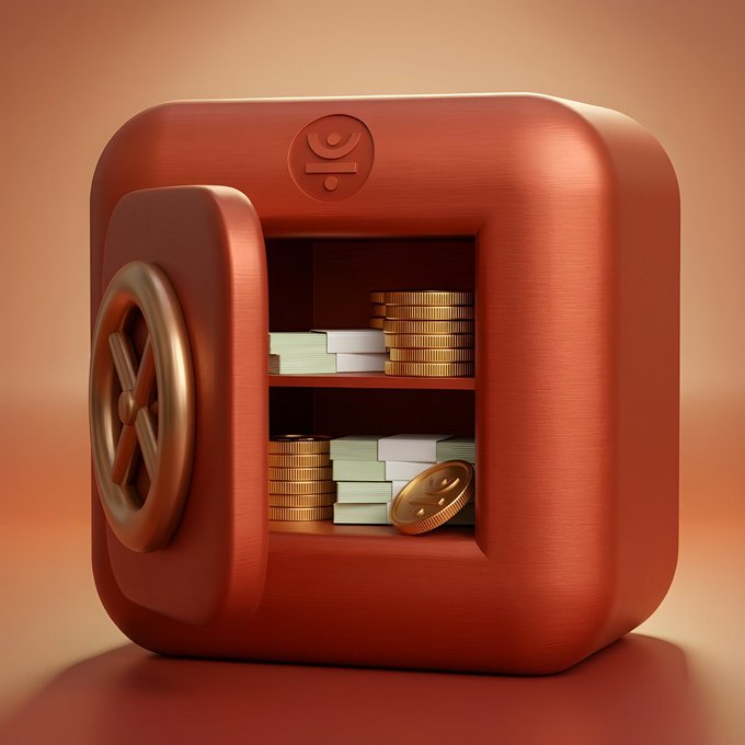 A 3D-rendered orange safe with its door open, revealing stacks of gold coins and bundles of green and white banknotes inside.