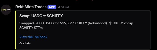 A Discord message from 'Rekt Mkts Trades' showing a swap: USDG to SCHIFFY, where 5,000 USDG was exchanged for 646,336 SCHIFFY (Robinhood), with a $5.0k market cap and $7m SCHIFFY market cap noted.
