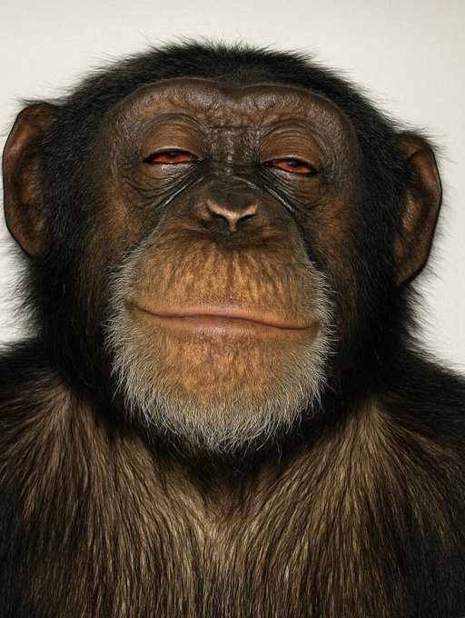 A close-up portrait of a chimpanzee with a subtle smile, looking directly at the camera against a white background.