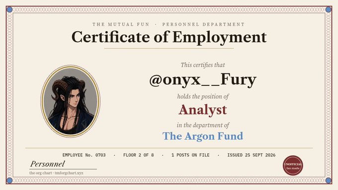 A 'Certificate of Employment' from The Mutual Fun Personnel Department certifying that '@onyx__.Fury' holds the position of Analyst in The Argon Fund, issued 25 Sept 2026.