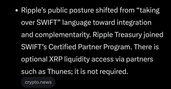 A slide with a bullet point noting Ripple's public posture shifted from 'taking over SWIFT' to integration, mentioning Ripple Treasury joining SWIFT's Certified Partner Program and optional XRP liquidity via partners like Thunes; 'crypto.news' tag at the bottom.