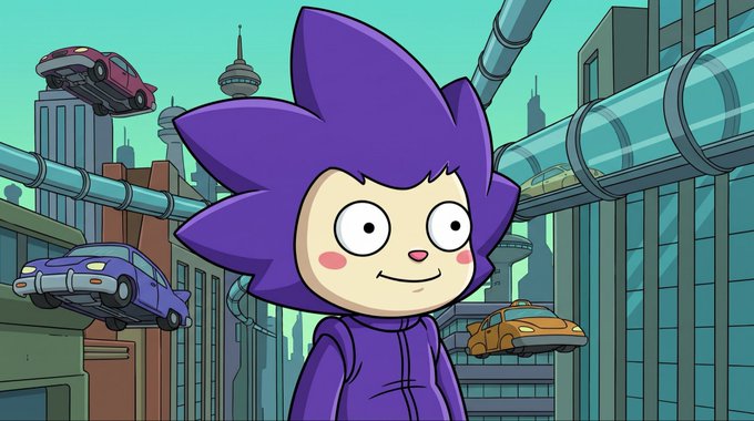 Animated cartoon character with purple spiky hair and wide eyes standing in a futuristic cyberpunk cityscape with flying cars and glass tube transit.