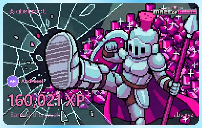 A pixel art game screen from 'abstract maze of GRIN' showing a knight character with a shield and staff, displaying '160,021 XP Earned this week' for user 'Andreiii'.