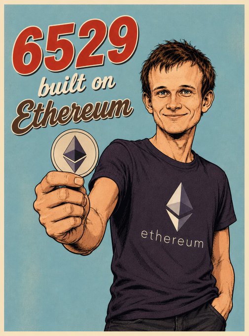 The image features a man wearing a blue t-shirt with a white logo that reads "Ethereum". He is holding up a coin, possibly a Bitcoin token or Etherum token, as if presenting it for sale. The text "6529: Built on Ethereum" is also present in the image. This suggests that the man might be promoting an Ethereum project or cryptocurrency, and he could potentially be selling the token he's holding.
