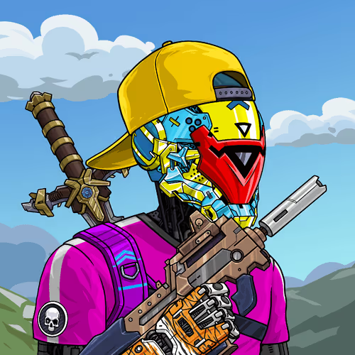 A cartoon-style illustration of a futuristic warrior character wearing a yellow cap, a blue and red robotic mask, and a pink jacket, holding a large gun with a sword strapped to their back.