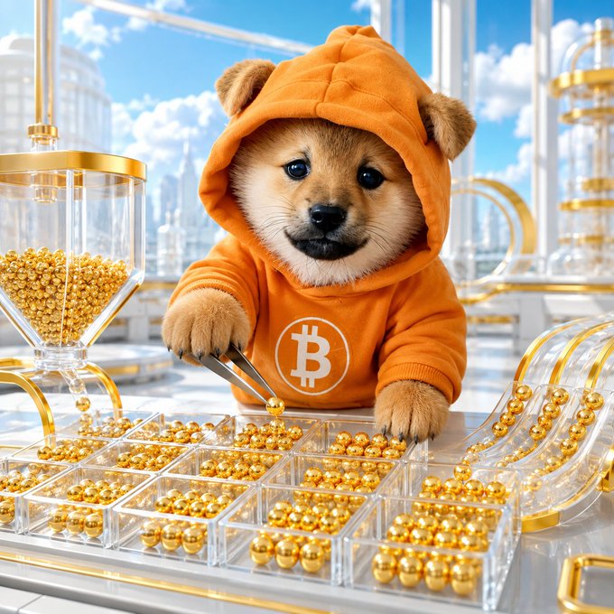 A digital artwork showing a Shiba Inu dog wearing an orange Bitcoin hoodie with the ₿ symbol, sitting at a workstation with gold beads in clear containers around it.