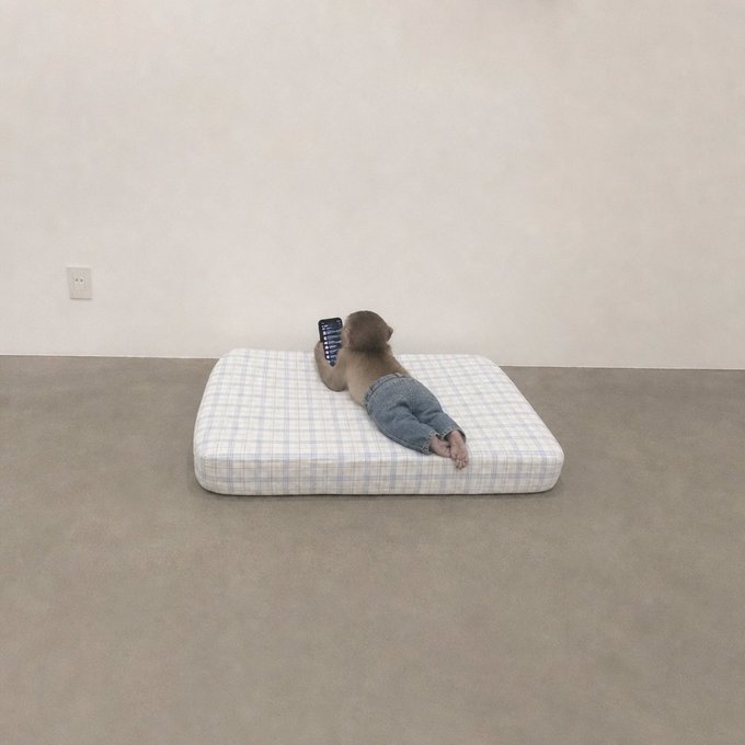 A small monkey wearing jeans lies on its stomach on a checkered mattress in a sparse room, holding a smartphone.